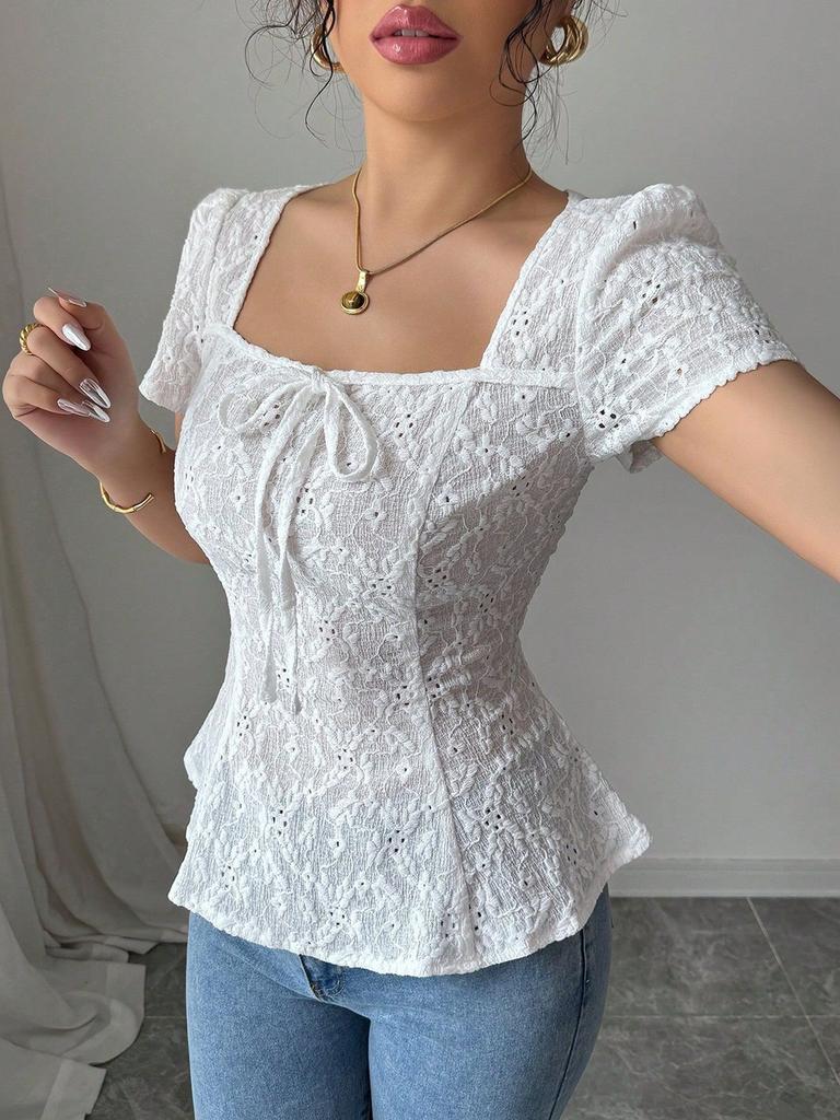 Women's Summer Fashion Elegant Casual Lace Shirt Crew Neck Bow Short Sleeve Top