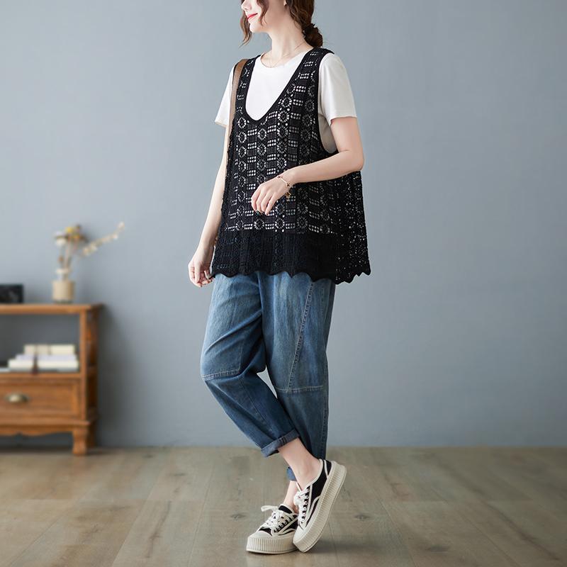 

DIMANAF 2022 Женская вязаная футболка, жилет, женские свободные топы без рукавов с v-образным вырезом и футболки One Size чёрный