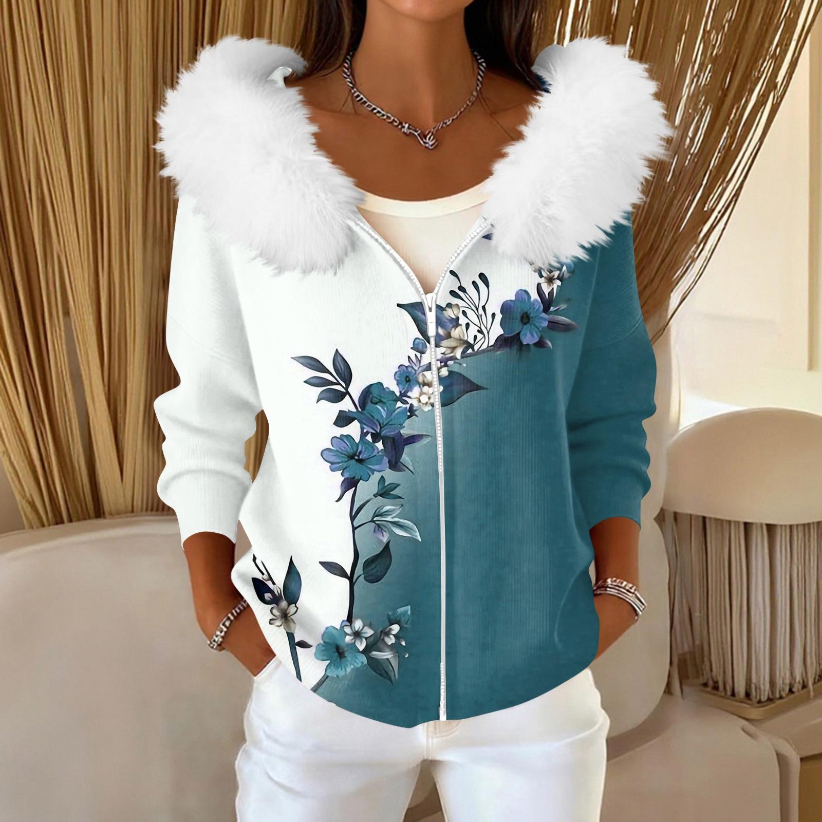 

Жіночий Модний Повсякденний Светр Кардиган на Блискавці з Принтом Плюшева Куртка з Капюшоном XL синій