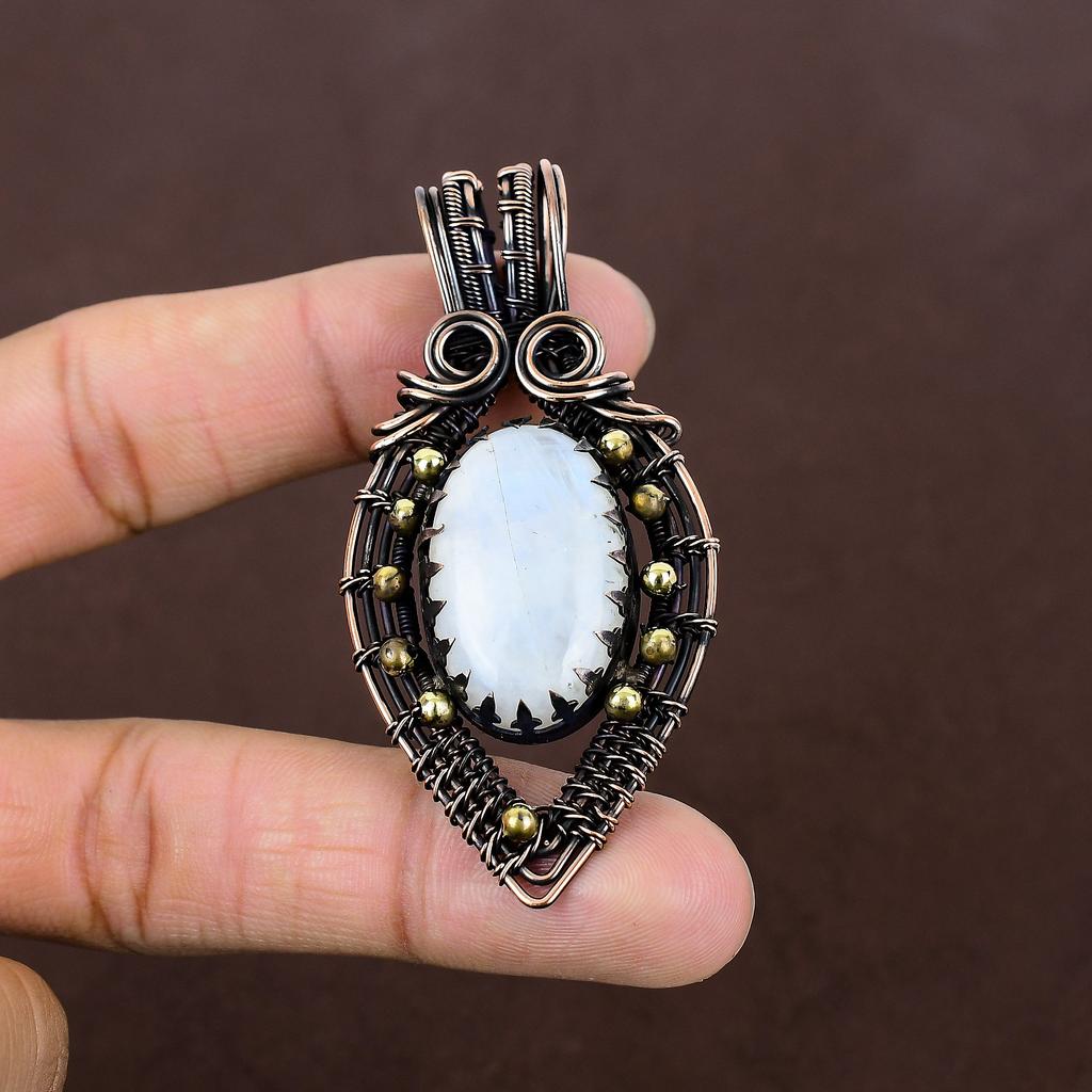 Natural Rainbow Moonstone Gemstone Handmade Copper Wire Wrap Pendant 2.76" I4N16