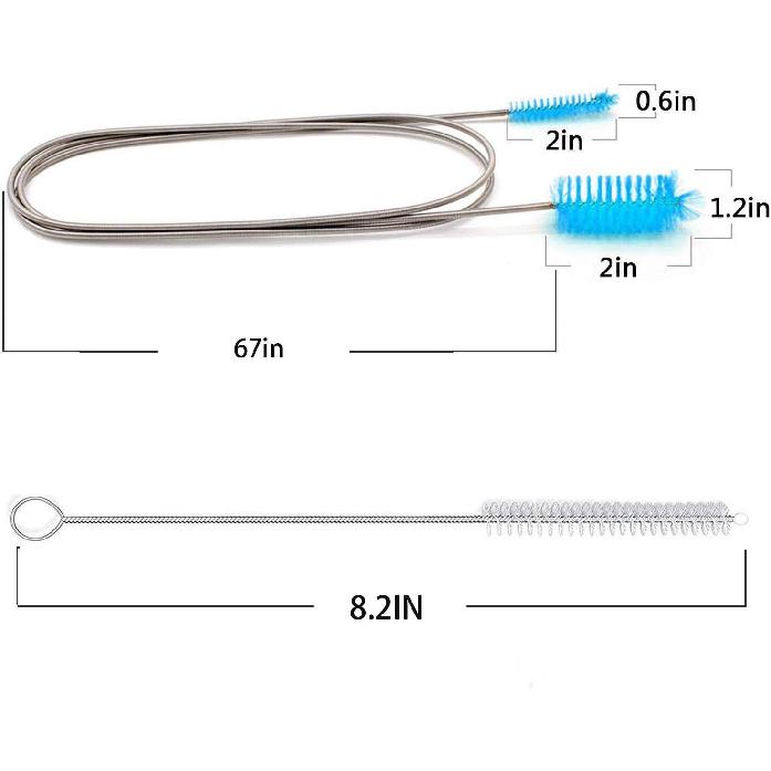 Flexible Drain Brush, Nylon Cleaner Double Ended Elastic Hose Pipe 67-inch and 2 PCS 8.2-inch Straw Cleaning Brush (Blue)