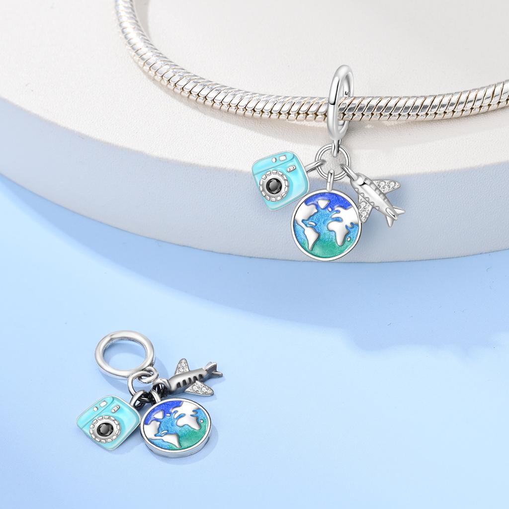 Original Copper Charms Luxury Blue Camera Pendant Travel Airplane Beads Fit Bracelet Diy Women Making Delicate Gift