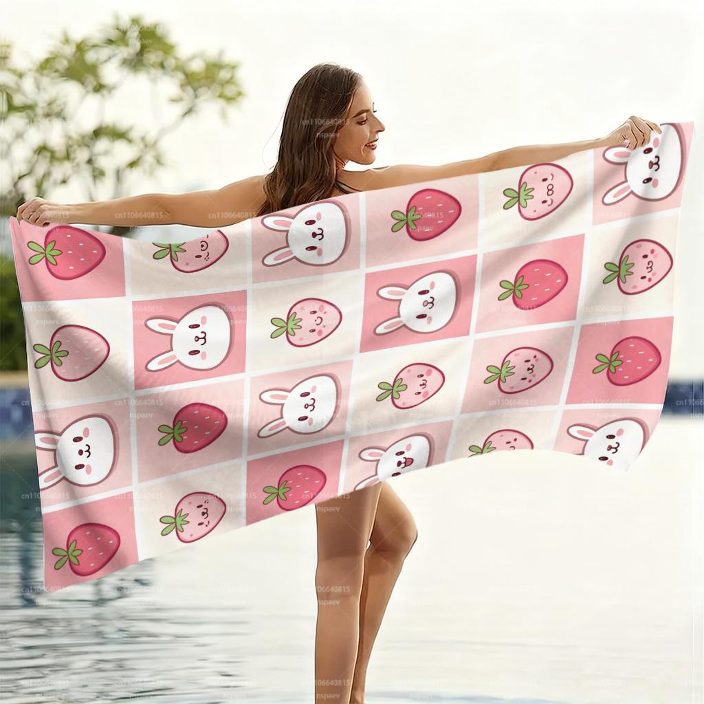 Cute Strawberry Bunny Print Beach Towel, Soft Microfiber Quick Dry Bath Towel for Women Girls