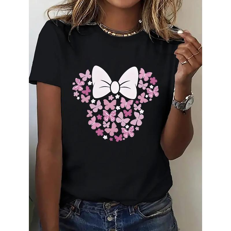 

European Size 1pc Women S Floral Butterfly Bow Print T-Shirt, Casual Crew Neck Short Sleeve Top, Fashionable Sports Tee with Medium Stretch Fabric, 4XL чорний