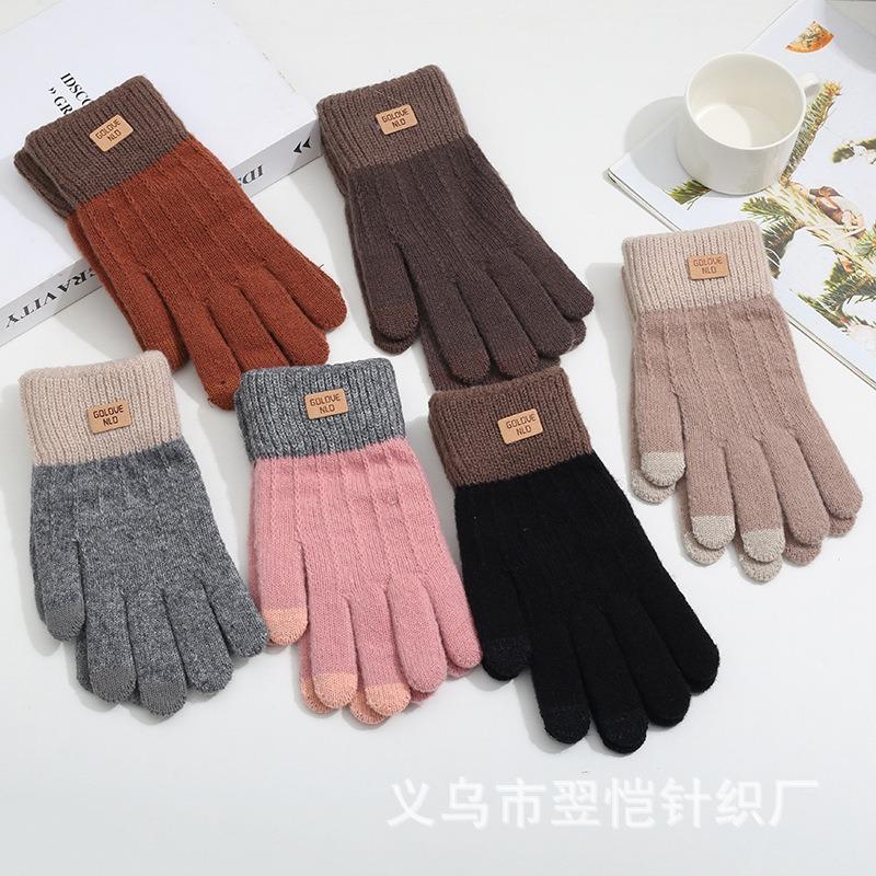 Fleece thickened warm and cold-proof five-finger gloves, riding fleece students winter windproof jacquard knitted gloves