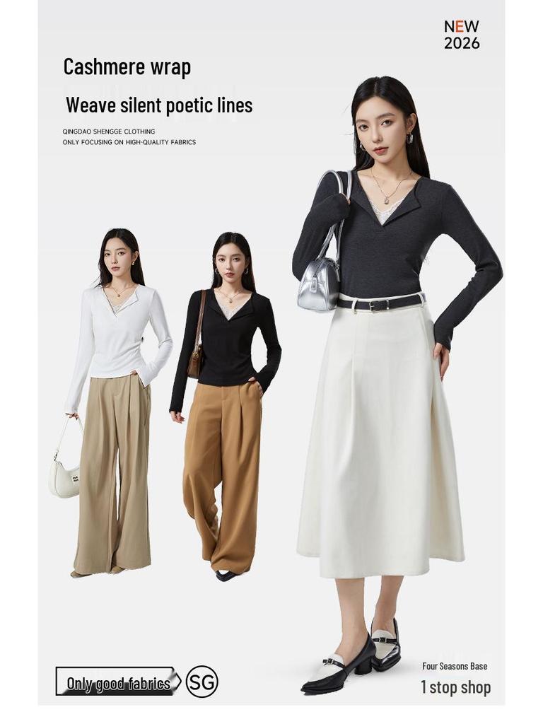 Women's V-Neck Lace Patchwork Wool-Blend Antibacterial Long-Sleeve T-Shirt