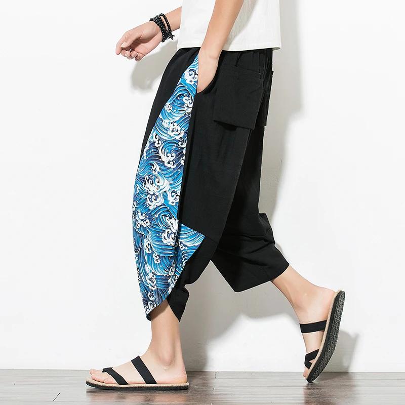 Summer Men Harajuku Harem Pants Cotton Joggers Calf-Length Pants Male Vintage Chinese Style Print Trousers