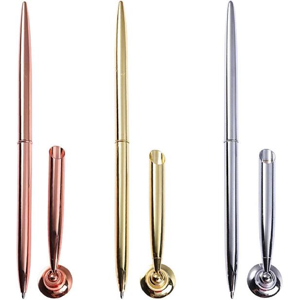 Silver Guest Pen And Pen Stand Round Pen Holder Signing Pen Set Metal Attached To Desk Base Stands For Office Ballpoint Set Metal Ballpoint Base Desk