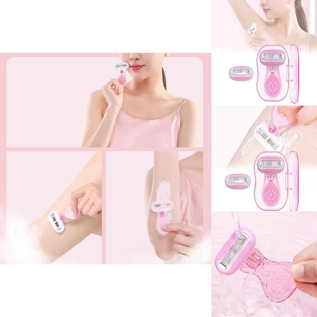 Manual Women's Razor With Five-blade Technology In Peach Pink Short Handle Includes One Razor Handle One Blade Head And Storage Case