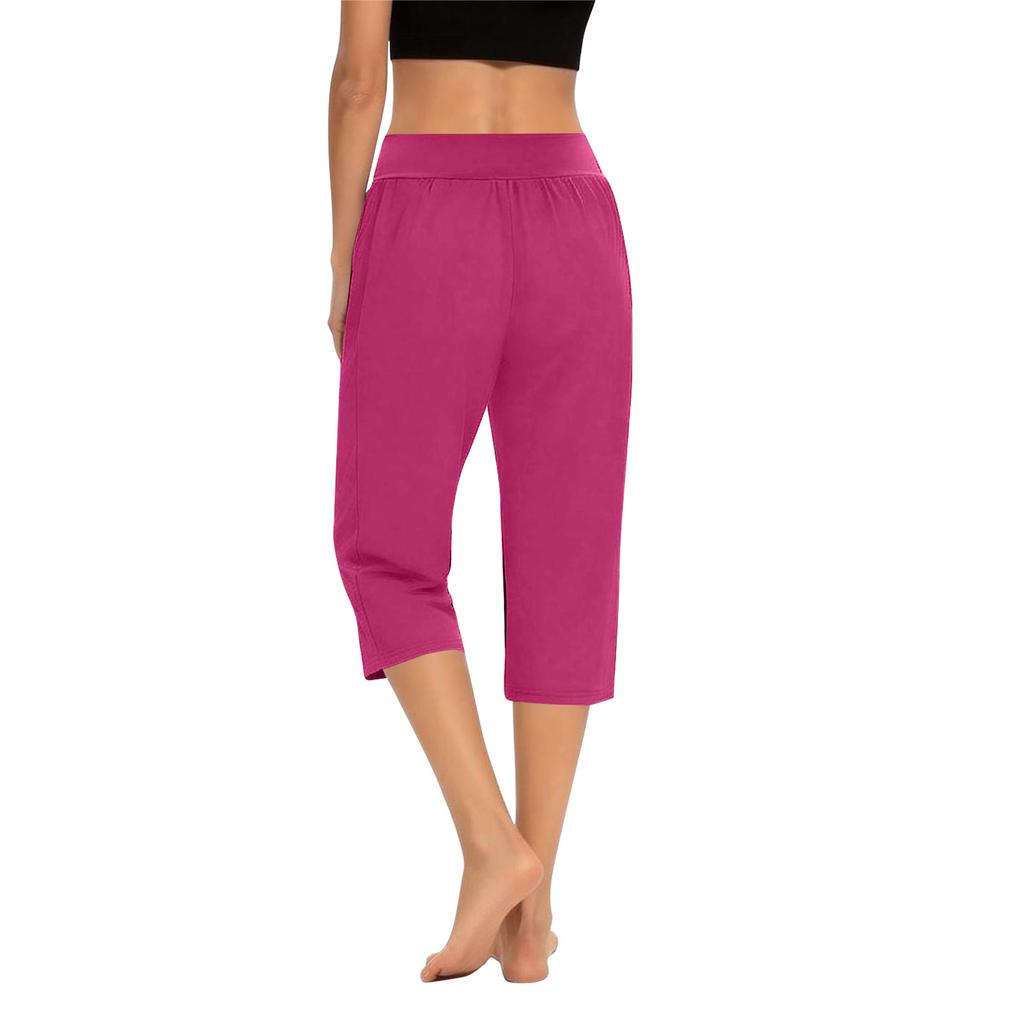 Women Elastic High Waist 3/4 Pant Casual Fit Wide Capris Leg Pants Trousers With Pockets