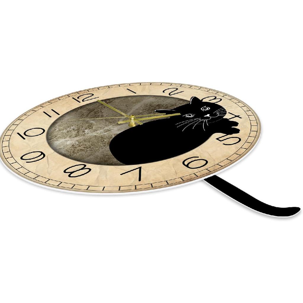 Black Cat Clock with Moving Tail Vintage, Funny Cat Wall Clock with Swinging Tail Silent Non Ticking Battery Operated Creative DIY Pendulum Wall