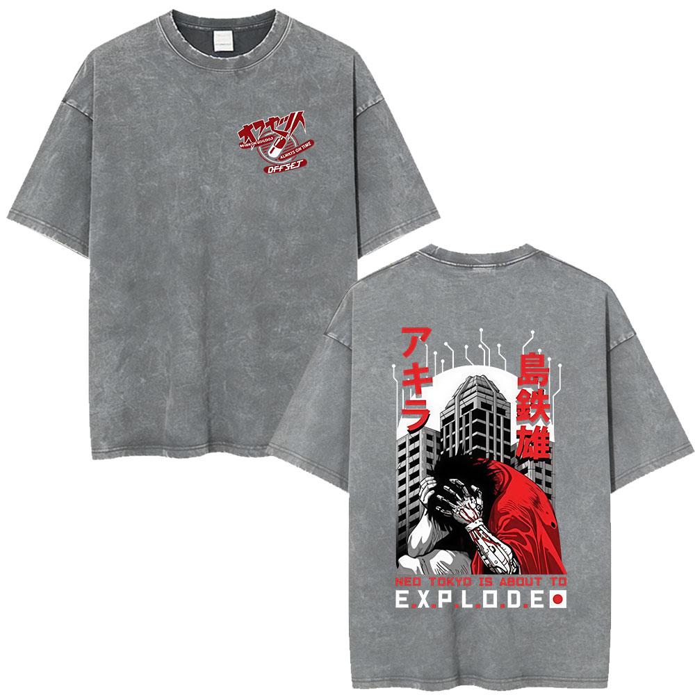 Anime Akira Vintage Washed T Shirts 90s Japanese Manga Shotaro Kaneda Tshirt Men Women Clothing Oversized Tshirts Streetwear