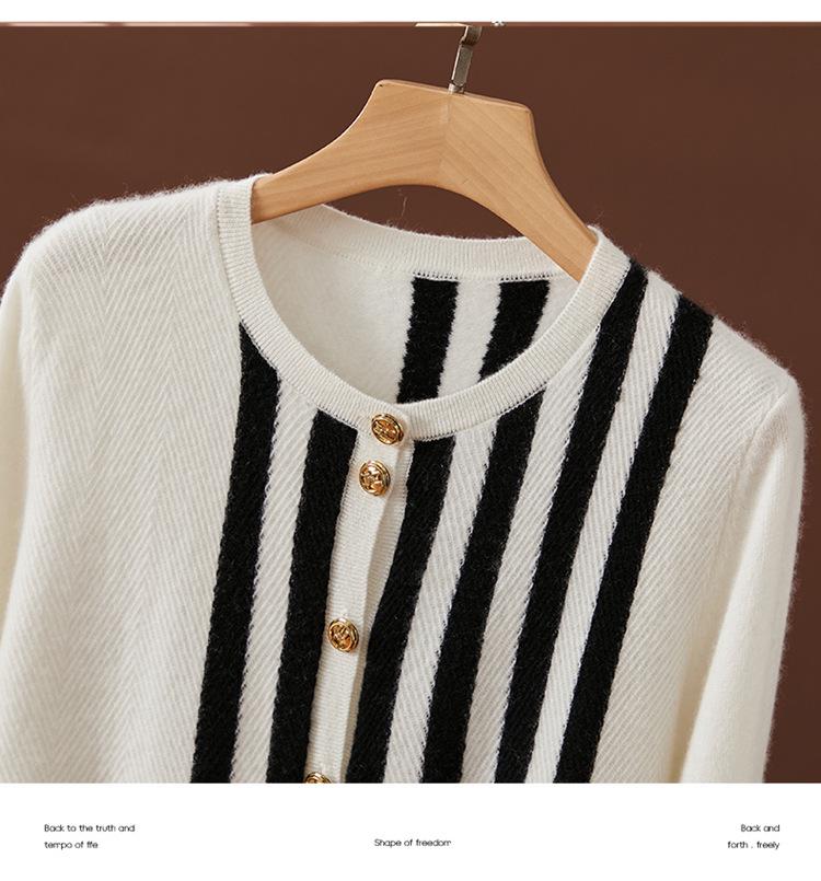 Women's French Coco Style Striped Cashmere Cardigan – Round Neck Autumn/Winter Loose Knitwear