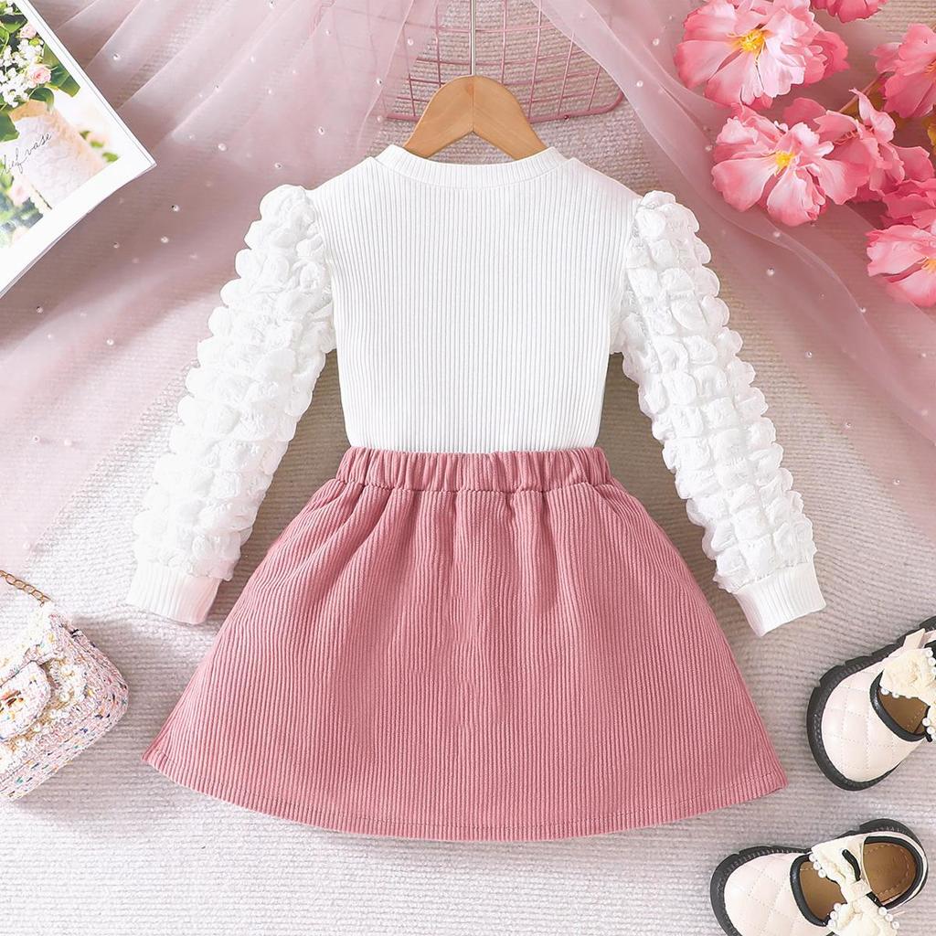 Girls' Bubble Sleeve Top & Bow Skirt 2Pcs Outfit