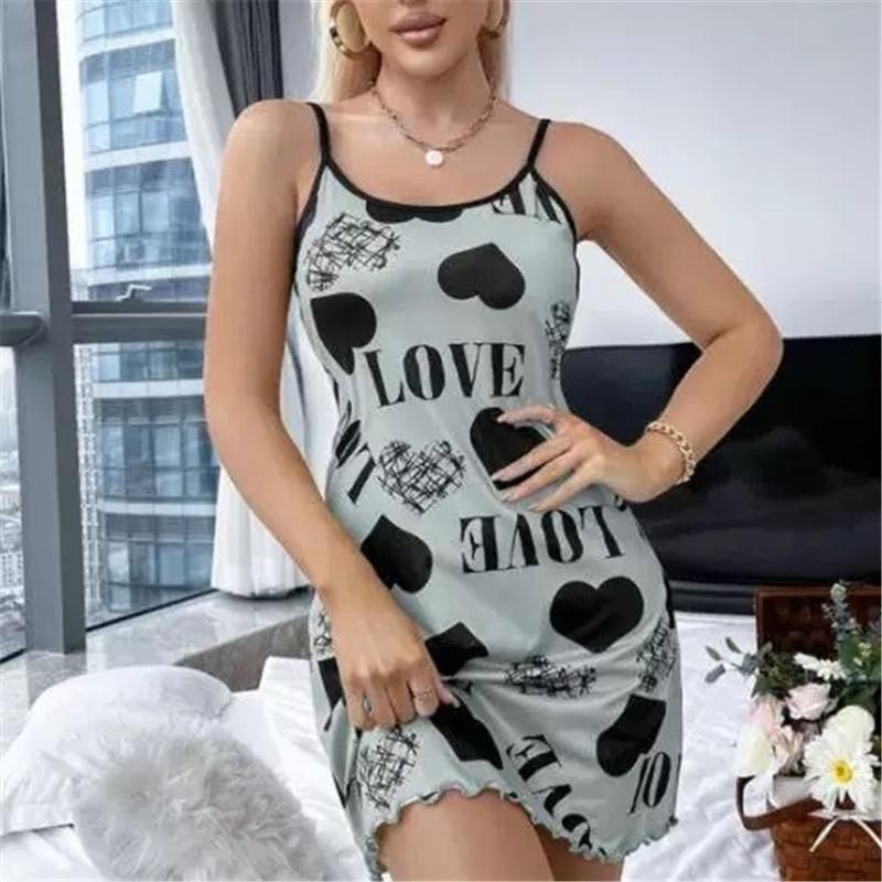 Letní dámská noční košile Krásná záda Tenká sekce Domácí oblečení Sexy halter Krátká sukně Láska Kreslený Roztomilý potisk Pyžamo