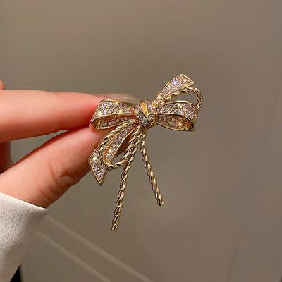 Korean Gold-Plated Zircon Bow Brooch - Retro Fashion Accessory for Women