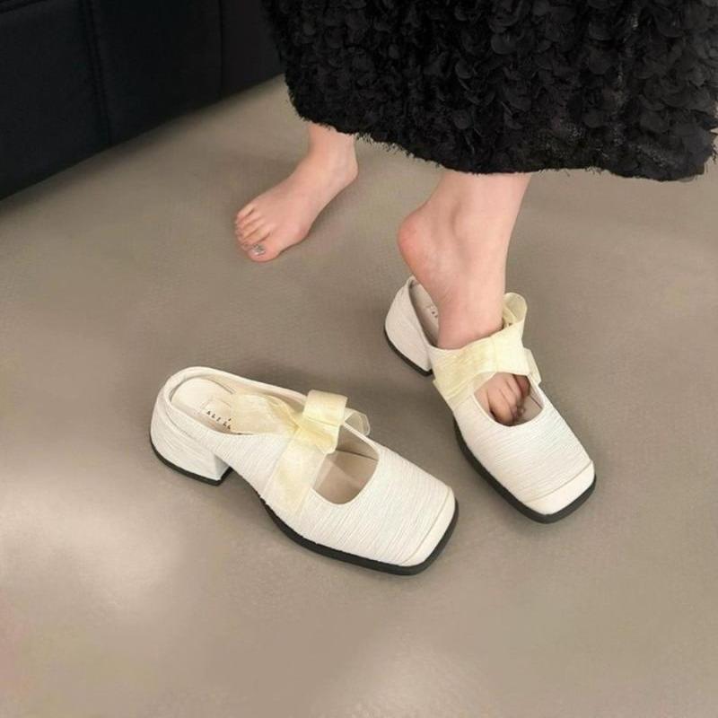 2025 Spring and Summer New Bag Head Cool Slippers Women's Outer Wear Square Head Korean Version Thick Heel Bow Versatile Lazy Half Slippers