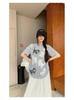 Plus Size Women's Korean Style Two-Piece: Printed Short Sleeve T-shirt & High Waist A-line Skirt
