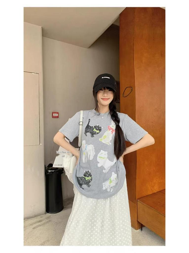 Plus Size Women's Korean Style Two-Piece: Printed Short Sleeve T-shirt & High Waist A-line Skirt