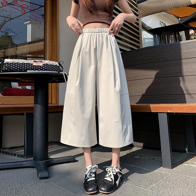 

Spring 2026 Women s Elastic High-Waist Wide-Leg Pants - Slimming, Solid Color, Casual Balloon Style L бежевый