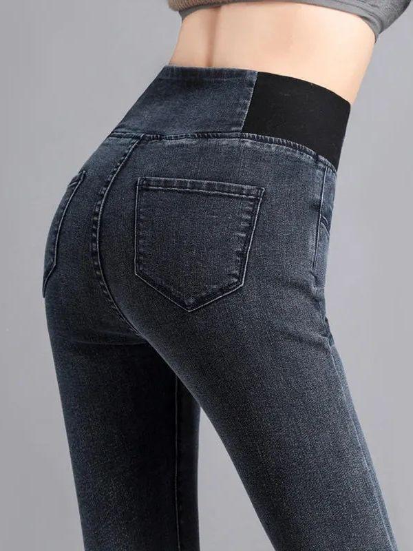 High Waisted Jeans Women's Pants Autumn and Winter New Styles Plus Size Slim Fit Elastic Waisted Small Leg Pants with Plush