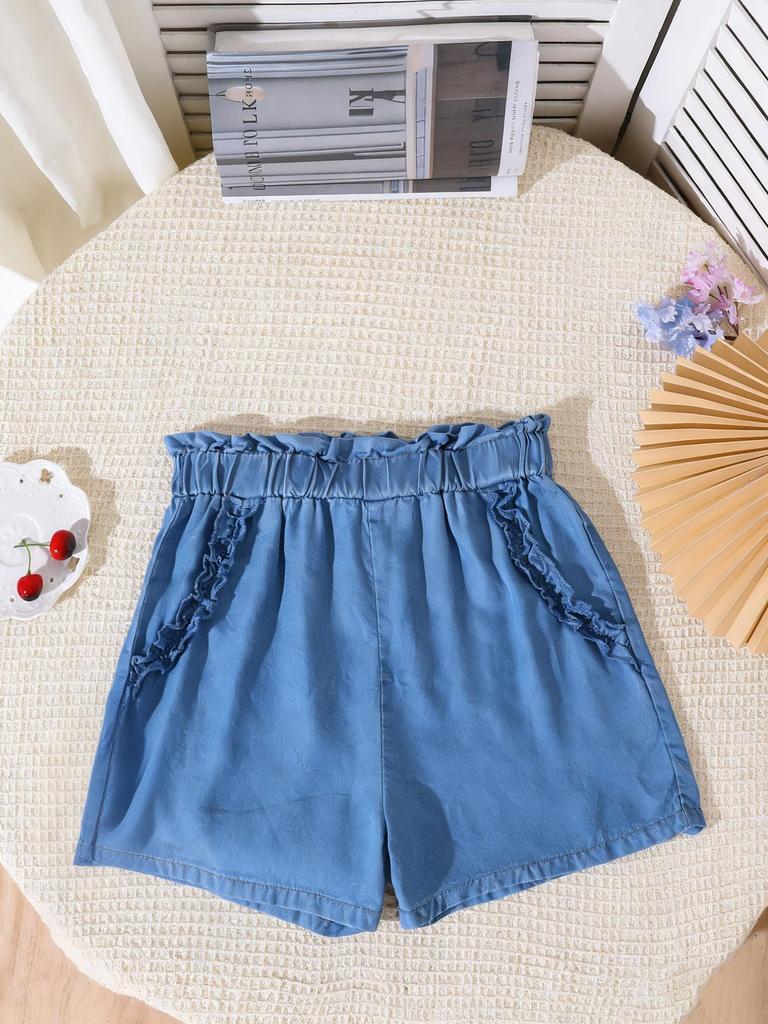 Girls' Fashionable & Versatile Lace-Trimmed Faux-Denim Shorts (Summer Style)