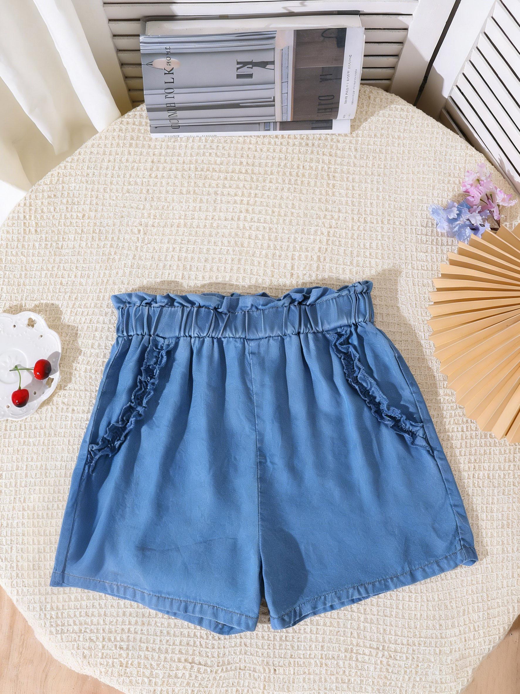 Girls  Fashionable & Versatile Lace-Trimmed Faux-Denim Shorts (Summer Style) 8Y средний синий