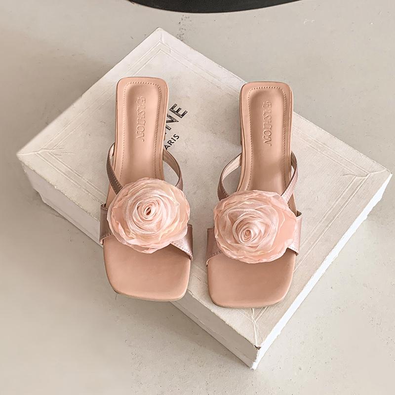 

Модные женские босоножки на высоком каблуке с цветком, с квадратным носком, дизайнерская обувь, женские элегантные летние туфли-лодочки, тренд, с открытым носком, повседневные сандалии 36 розовый