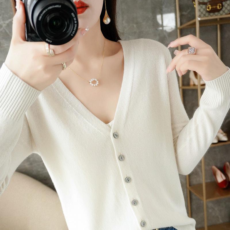 Women's V-neck Knitted Cardigan - Long-Sleeve All-Season Outerwear Sweater