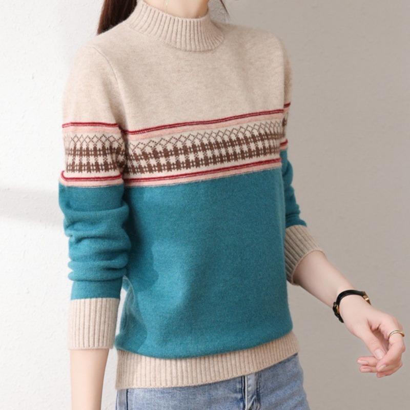 Design Sense Color Matching Autumn and Winter Loose Long-sleeved Inner Top Semi-turtleneck Sweater Temperament Base Knitted Sweater Women