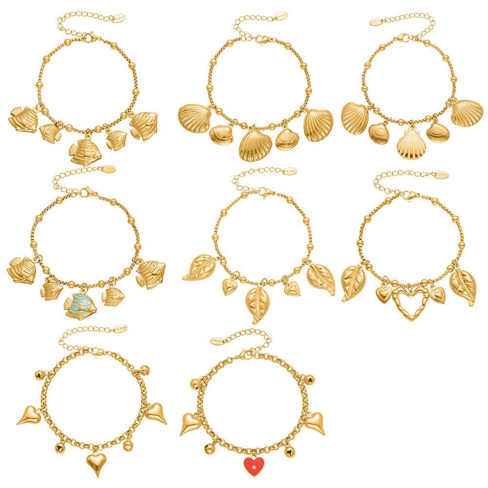 Qiong Yao Ocean-Style Shell & Fish Pendant Bracelet with 18k Gold PVD Plating
