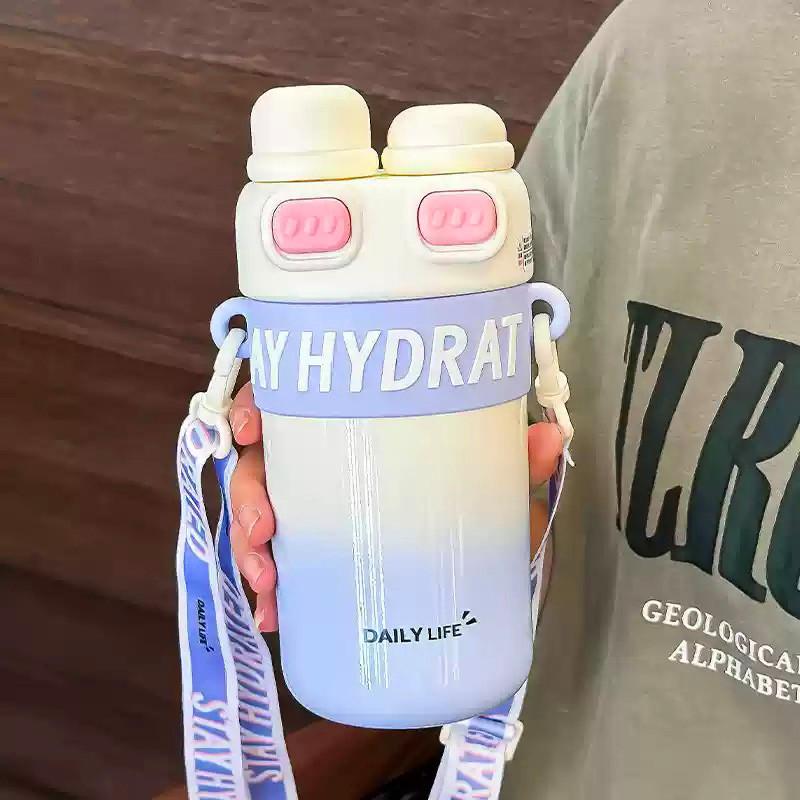 Градиентная термобутылка для пар с соломинкой для путешествий и использования в офисе White Blue