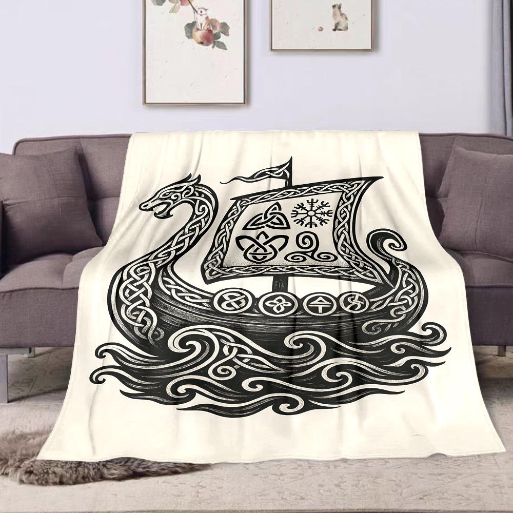 Viking Ship with Nordic Symbols Patterned Flannel Blanket Perfect for the Bedroom Living Room, Sofa, or a Little Nap