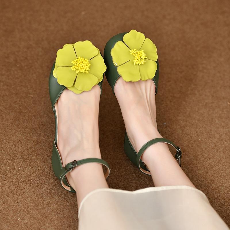 

Fashion 2025 Summer New Elegant Flower Design Casual Flat Sandals for Women Retro Fashion Comfortable Versatile Flats Lightweight Pumps 35 зелёный