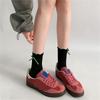 Women's Japanese Sweet Bowknot Accent Crew Socks Elegant Students Hollowout Heart Pattern Ruffle Top Middle Calf Socks