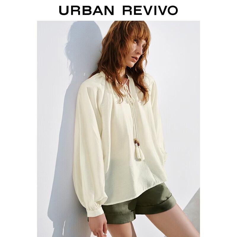 UR2026 Women s Beaded Tassel Shirred Blouse XS