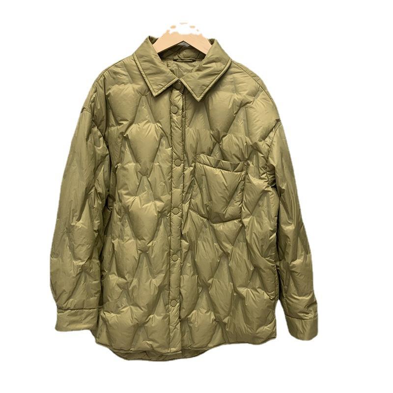 Autumn and winter shirt collar down jacket women's light single-breasted diamond-shaped rubber-pressed white duck down loose coat