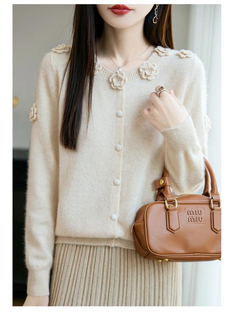 Women's 100% Pure Wool Crochet Cardigan: Round Neck, Rose Flower Design, Loose Knit Sweater Top.