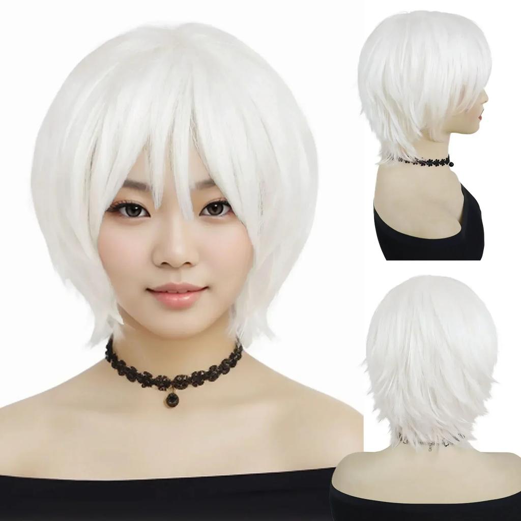 Short Black Wigs for Women Synthetic Hair Cosplay Wig with Bangs Shag Curly Hairstyles Anime Costume Party Halloween Wig Natural