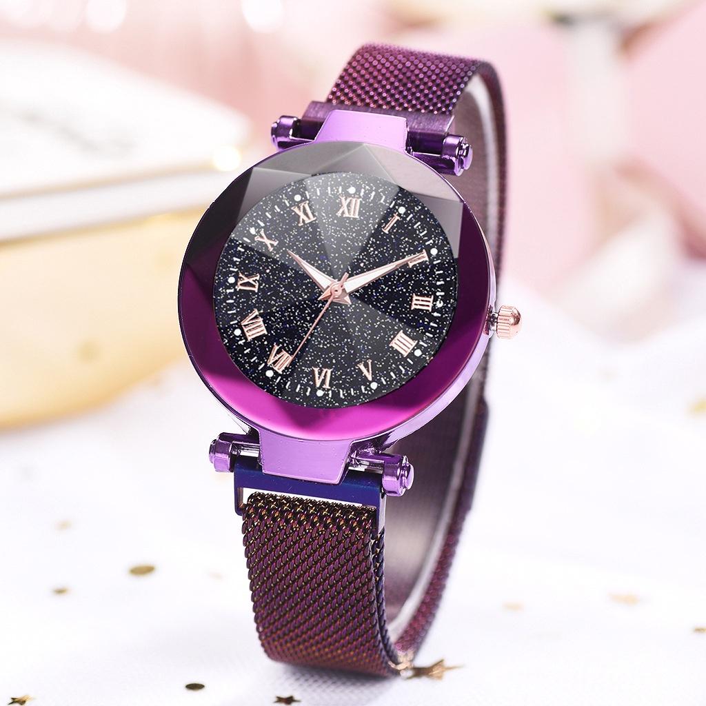 Women Sky Starry Luminous Watch Roman Numerals Quartz Watch Magnet Wristwatch