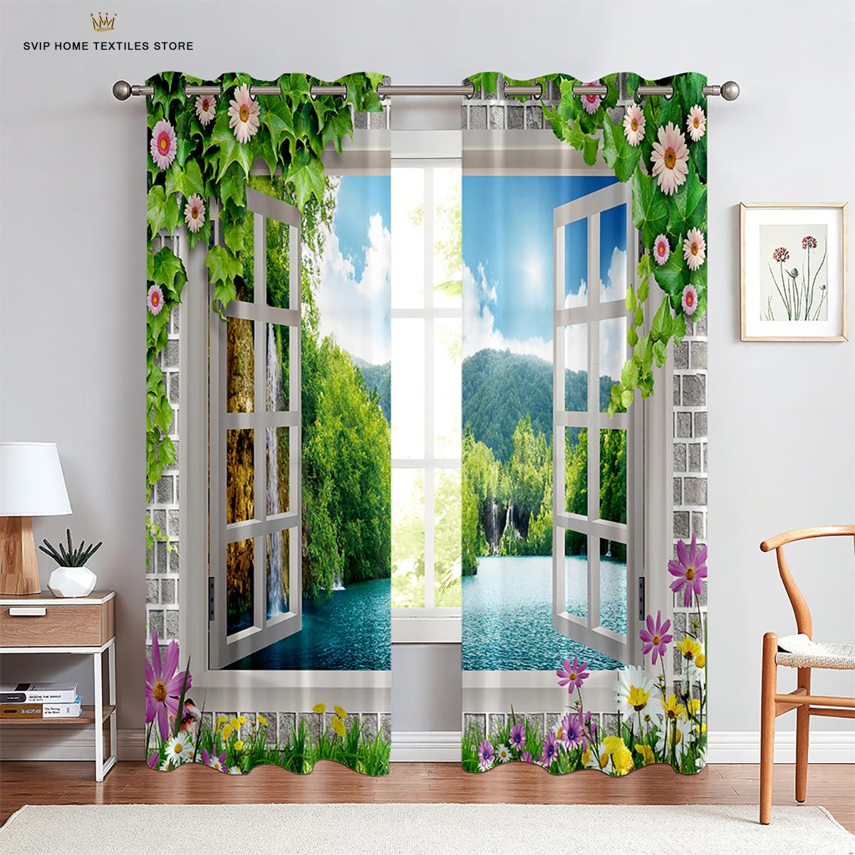

Forest Waterfall Window Curtains, Natural Landscape Drapes, Mountain Stream, Living Space, Bedroom Space Decor W50X130H(CM)X2PCS&Rod pocket