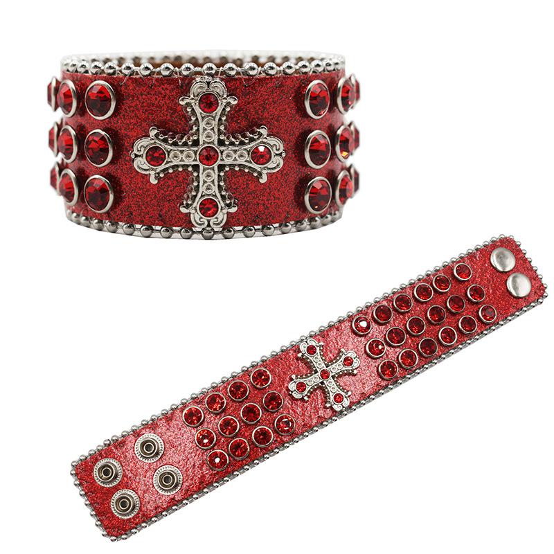 Kreuz Strass Armband Gothic Hip-Hop Punk Diamantenbesetztes PU Leder Armband