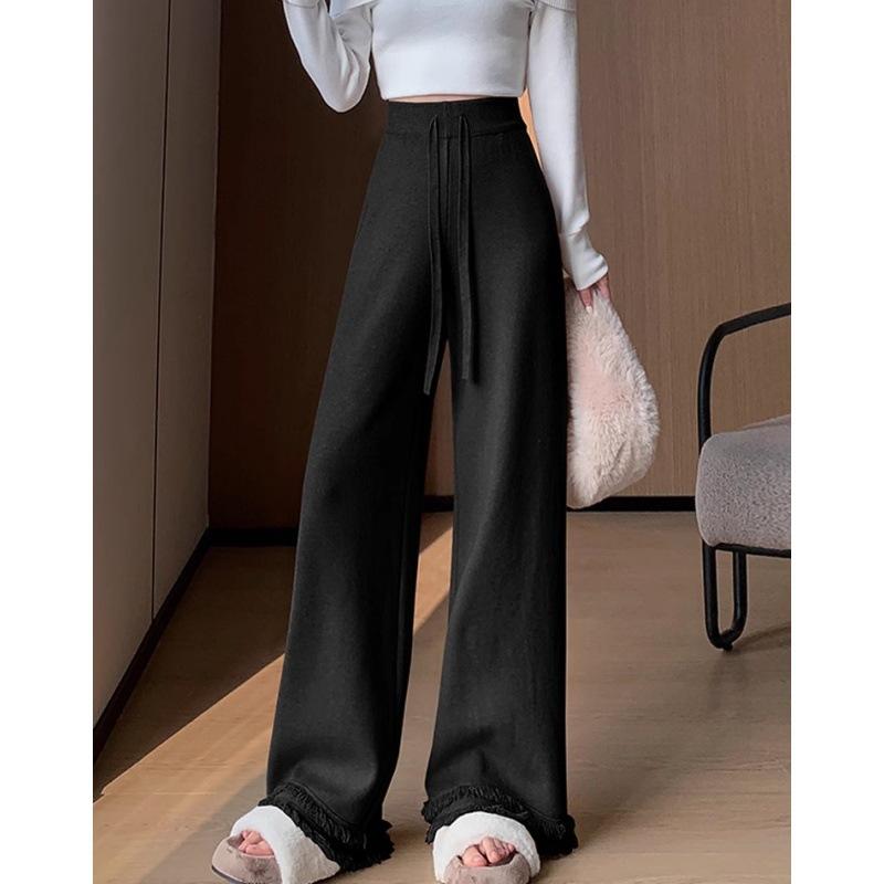 Tassel Rough Edge Knitted Pants Children's Autumn and Winter New High Waist Narrow Version Wide Leg Pants Lazy Drape Casual Straight-leg Pants
