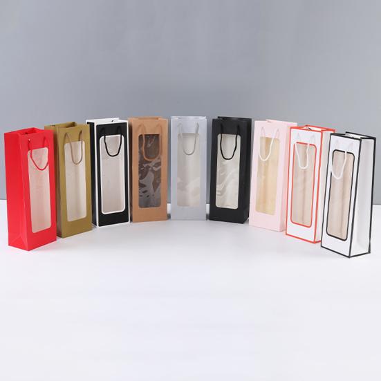 Kraft Paper Bag Decorative Oblong Shape Detachable Carry Cord Portable Pack Red Wine Contrast Color Translucent Visible Gift Bag for Champagne