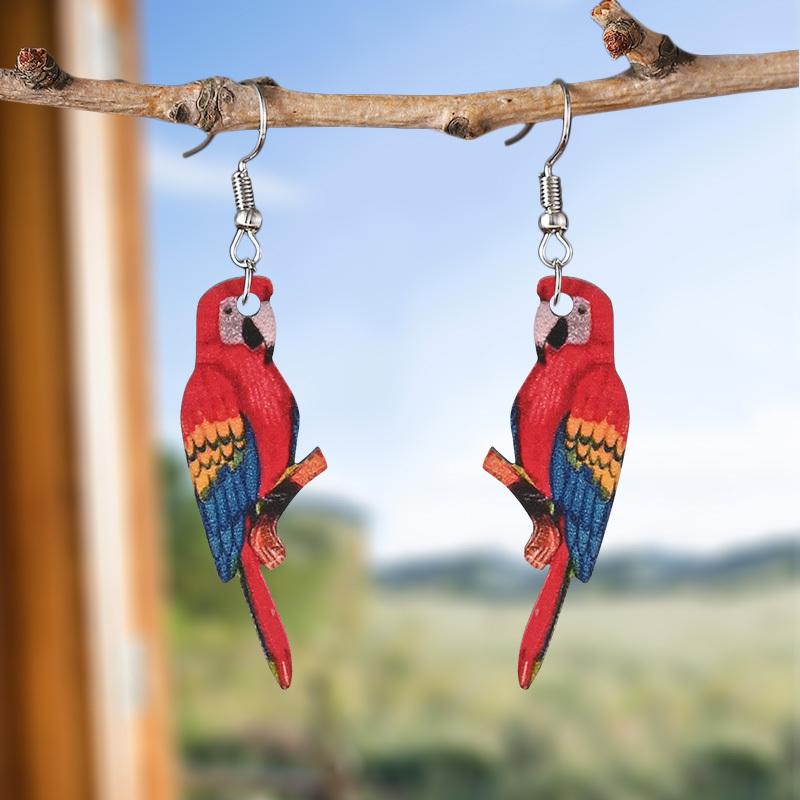 2D Flacher Roter Papagei Kreative Holzohrringe Leichte Hängeohrringe für Frauen