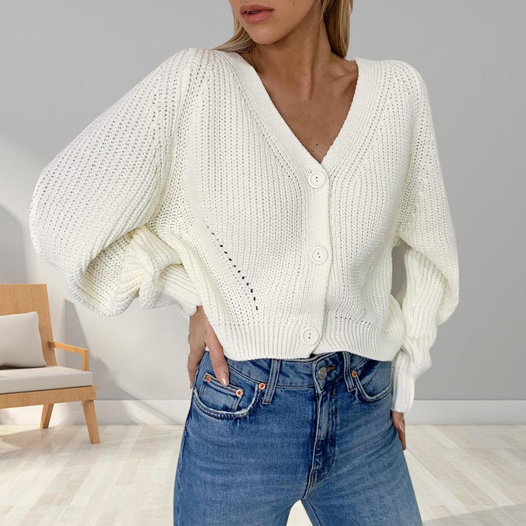 Women's   solid V-neck cardigan  SleeveButton Knit Sweater Cardigan