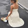 Women's White Black Polka Dot Tiered Maxi Dress, Spaghetti Strap Bow Bust Detail Cutout Waist Summer Casual Sundress