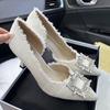High heels women's niche design French pointed shoes New thin heels small fragrant rhinestone shoes in summer