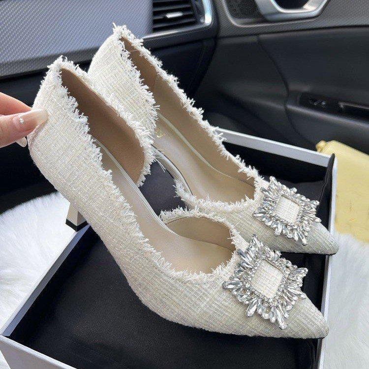 High heels women's niche design French pointed shoes New thin heels small fragrant rhinestone shoes in summer