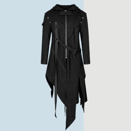 Autumn Winter Men Long Coat Solid Color Irregular Long Sleeves Hooded Zipper Strappy Overcoat for Halloween